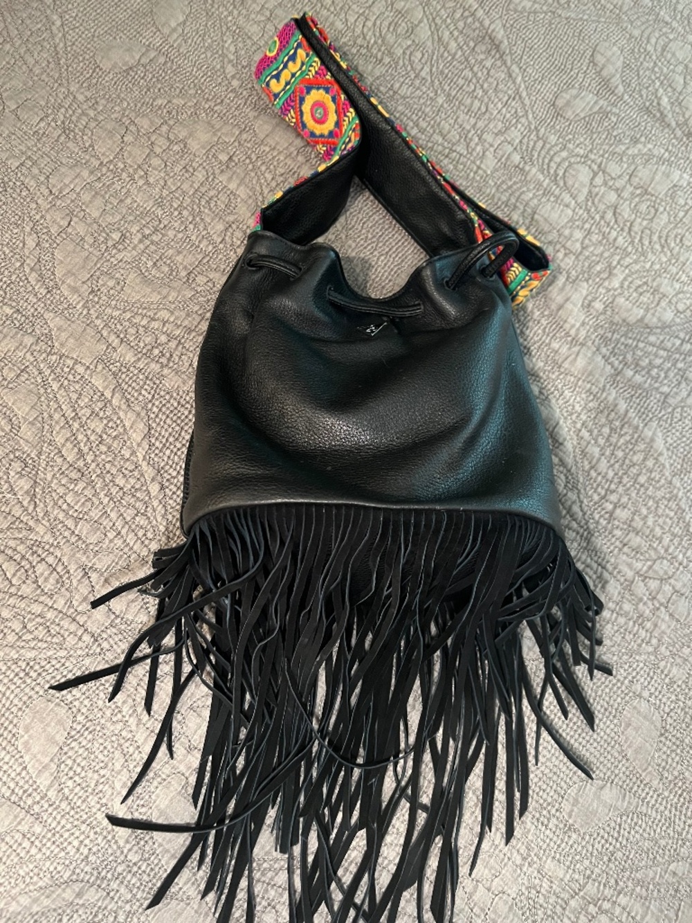 Sam Edelman Bohemian Fringe Leather Black Hobo Tie Bag w/ Embroidered Strap